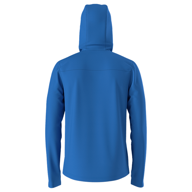 Back view of a blue The North Face hoodie, designed for comfort and sun protection during outdoor activities.