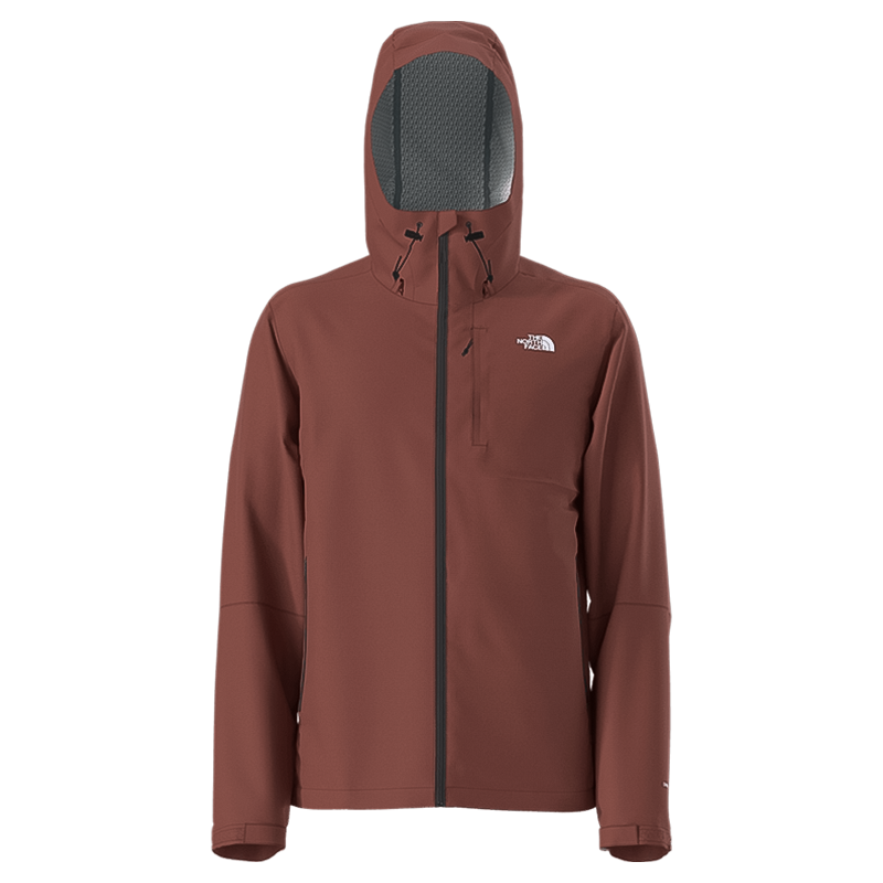 Maroon North Face men's alta vista hooded jacket, lightweight, waterproof, ideal for hiking with adjustable hood and secure pockets.