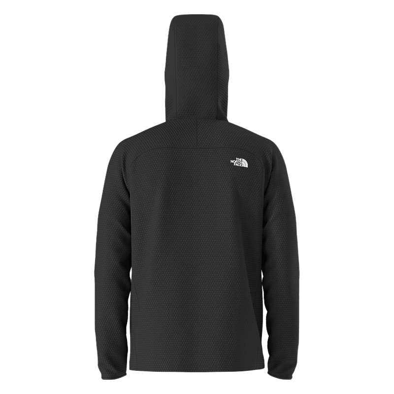 The North Face men's black hooded jacket crafted from eco-friendly DotKnit Thermal fabric for comfort and moisture management.