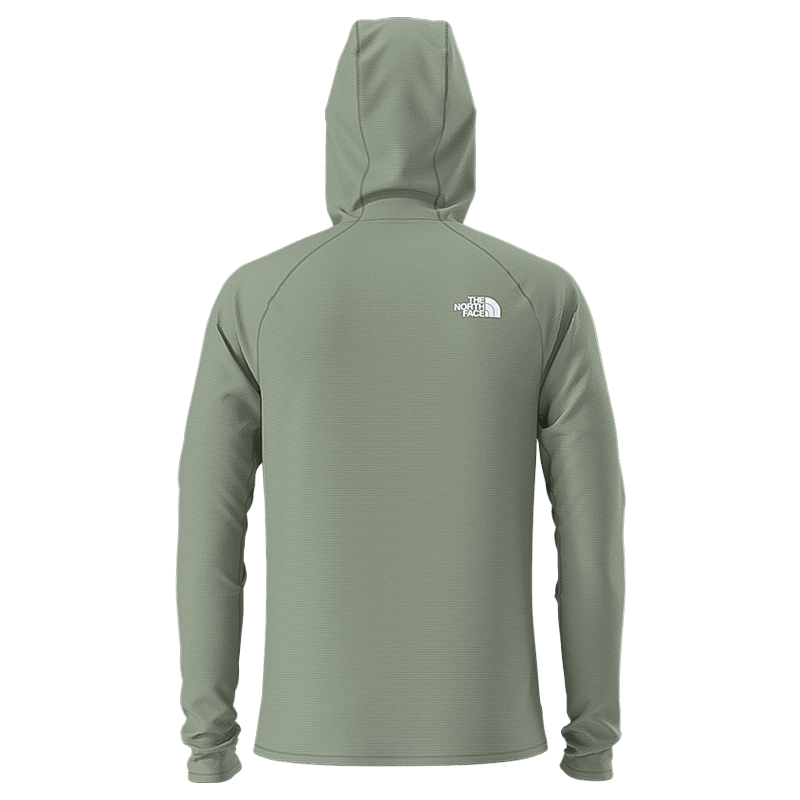 Green North Face Sunriser Hoodie for runners, crafted from recycled materials with comfort and visibility features.