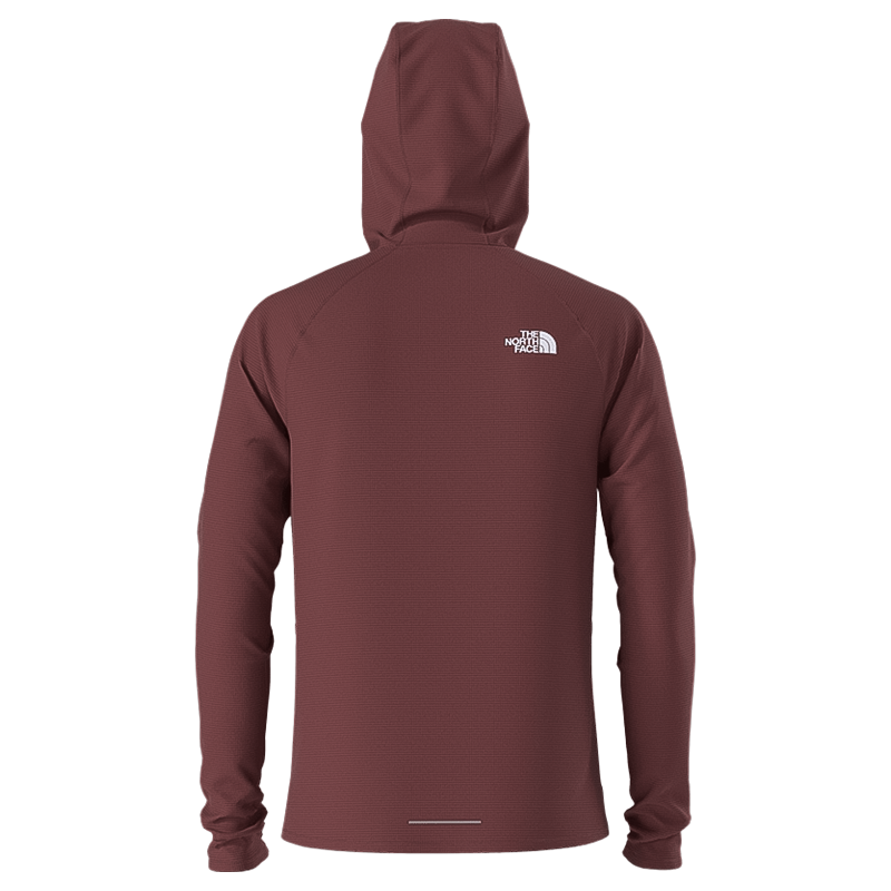 Maroon The North Face men's hoodie, perfect for running with moisture-wicking, lightweight, eco-friendly fabric.