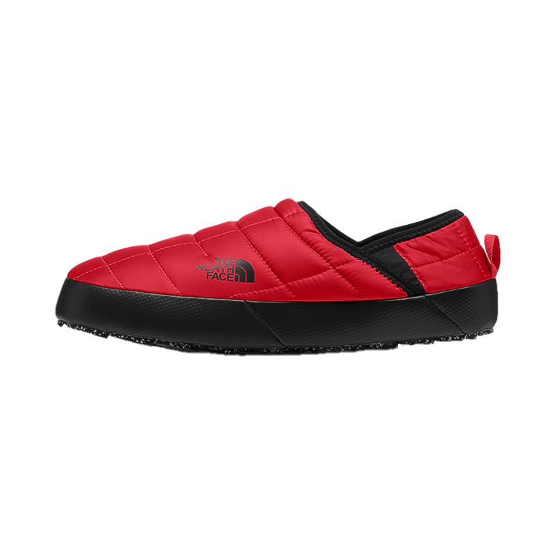Red North Face Thermoball slip-ons offer water-resistant ripstop, fleece lining, and a collapsible heel.
