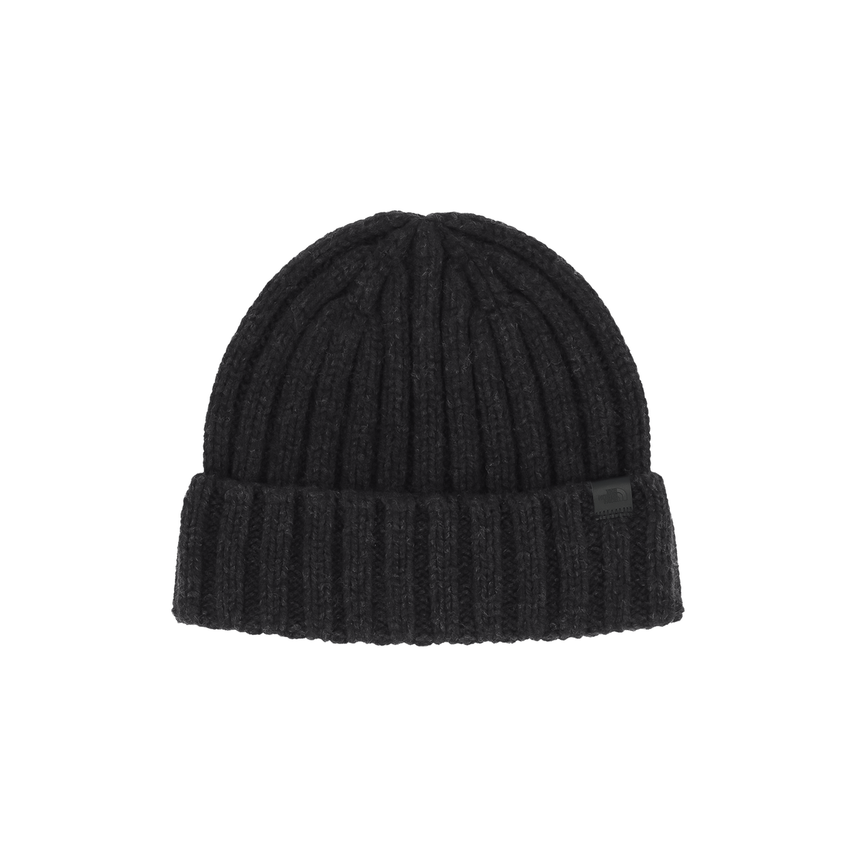 Black ribbed beanie made of 100% merino wool, showcasing a textured knit and leather logo clip label at the cuff.