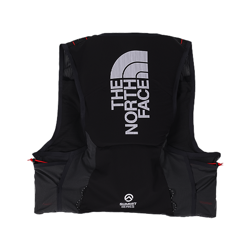 Back of black North Face Summit Series Run Vest 5 for trail running, featuring moisture management, adjustable straps, and storage.