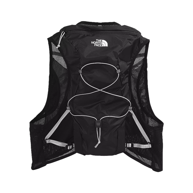 Black and white North Face vest for outdoor use with adjustable straps and pockets.