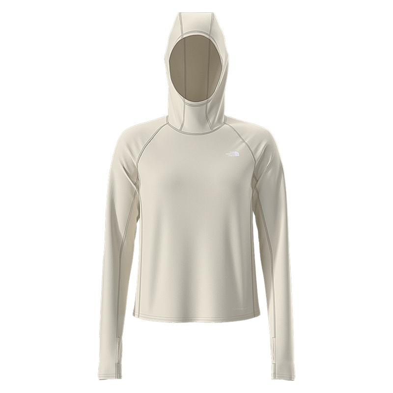 White The North Face Women's Adventure Sun Hoodie with lightweight fabric, long sleeves, and hood for sun protection.