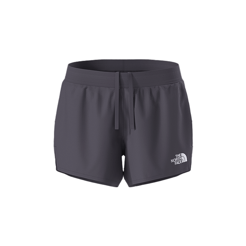Dark grey North Face women's shorts designed for trail running, featuring moisture-wicking fabric and a secure zip pocket.