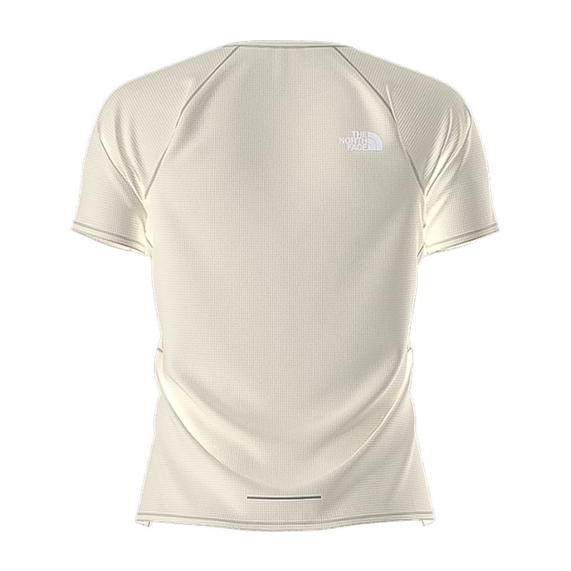 Slim-fit beige North Face women's tee with sun protection and moisture management for outdoor adventures.