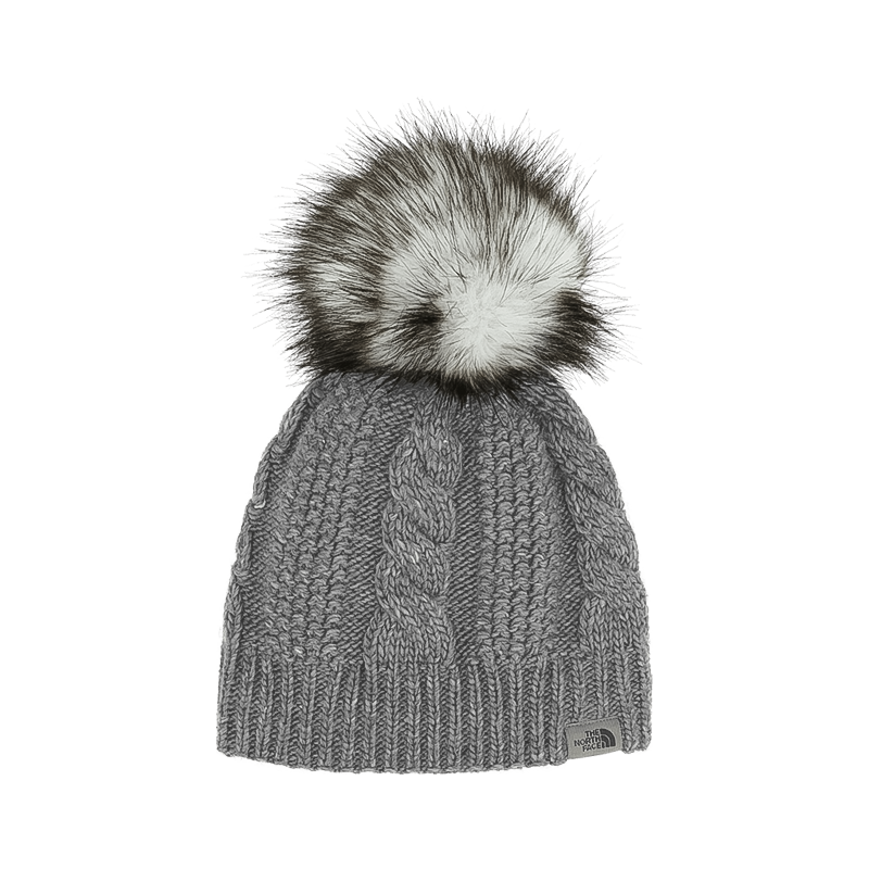 Gray stylish cable knit hat with a large faux fur pom, made entirely from recycled fabric for an eco-friendly accessory.