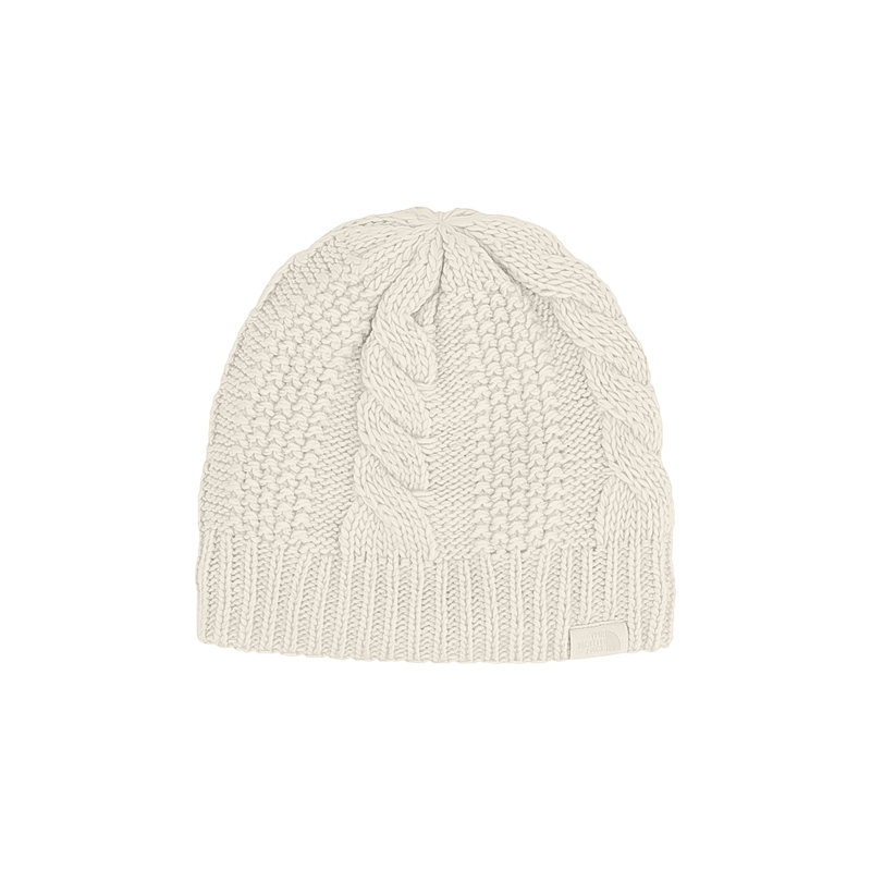White women's cable knit beanie by The North Face, providing warmth and a trendy look for winter and daily wear.