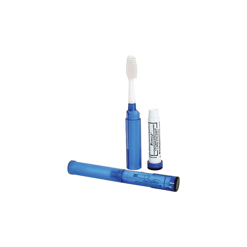 A blue toothbrush next to a white-capped tube, highlighting the travel-friendly Toob Toothbrush design.