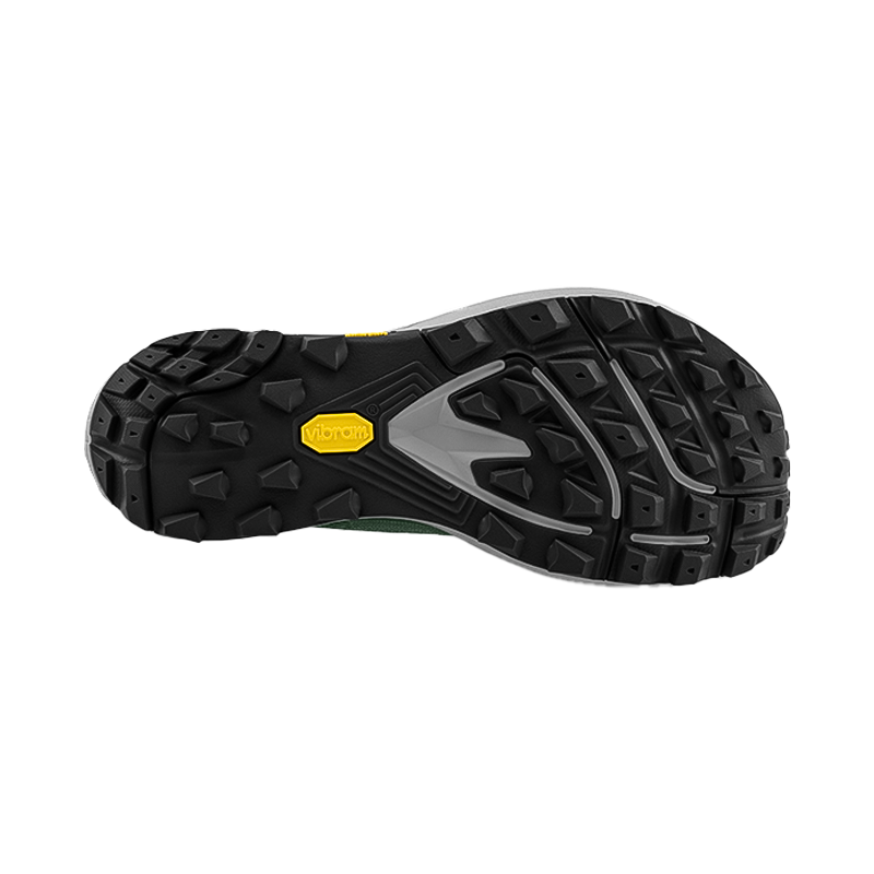 Black and gray shoe sole with Vibram® Megagrip outsole for optimal trail traction.