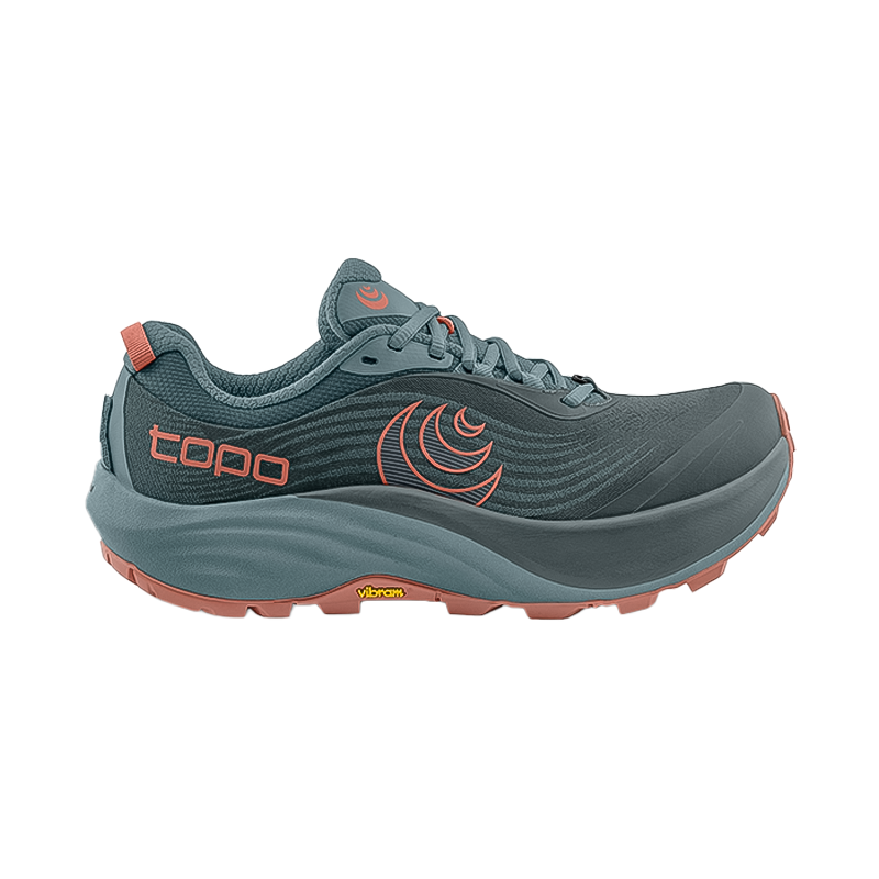 Women's teal and orange trail running shoe featuring a zero-drop design and Vibram Megagrip outsole for superior traction.