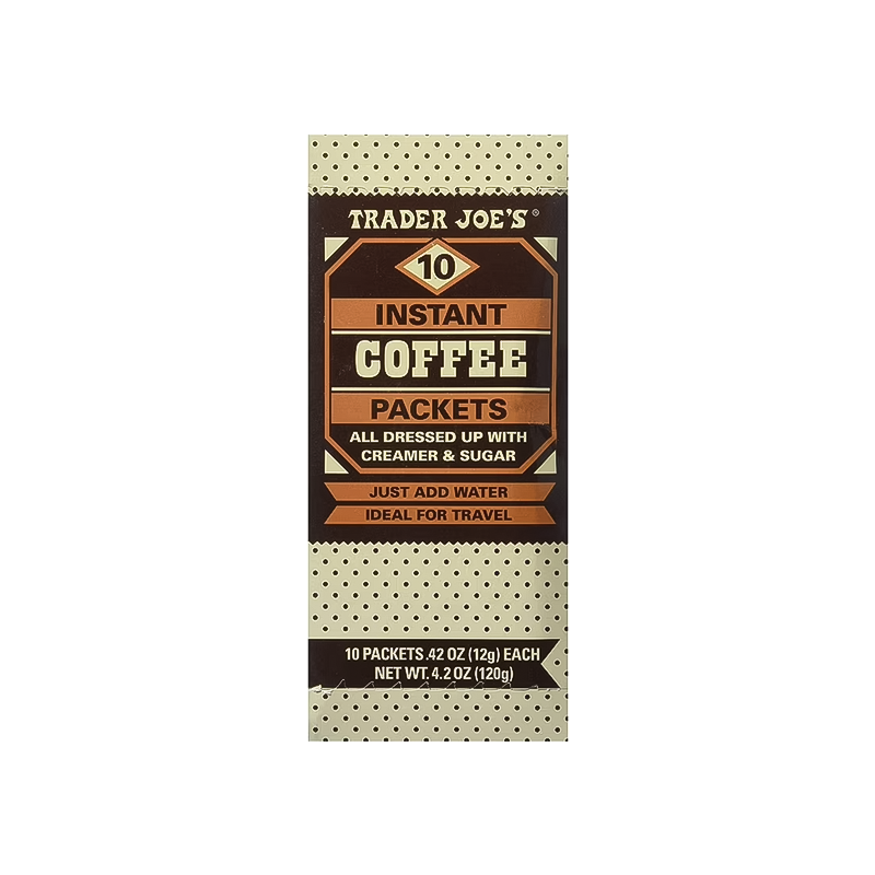 Trader Joe's Instant Coffee Packets with Creamer & Sugar, 10-pack, perfect for quick brews while camping or hiking.