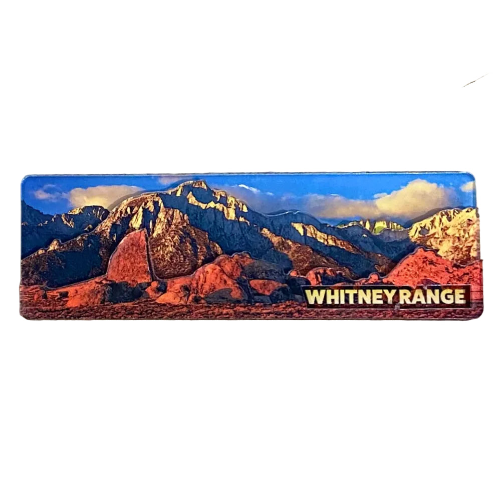 Rectangular magnet with a mountain landscape and 'Whitney Range' text on a black background.