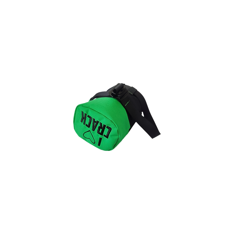 Green and black chalk bag with "I Love Crack" design, featuring a large opening for easy access during crack climbing.