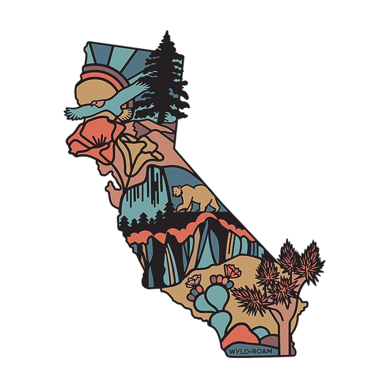 A colorful, durable California map sticker showcasing the state's diverse landscapes.