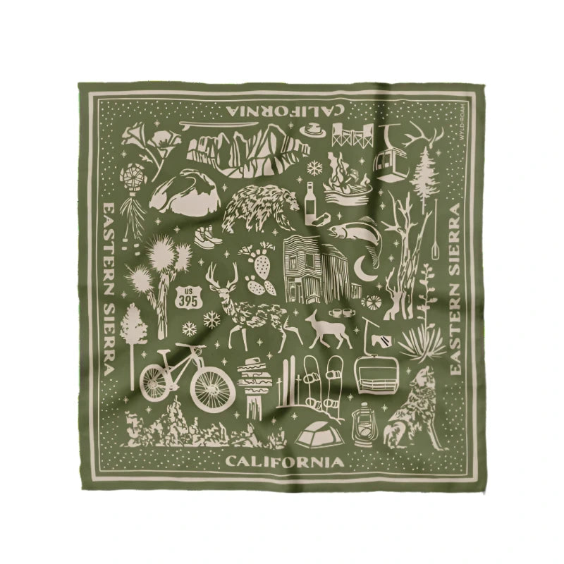 Eastern Sierra-inspired green bandana with California designs, great for headwear, neck protection, or pet accessories.
