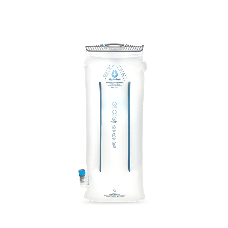 Clear Contour 3L Hydrapak water bottle with hose for convenient hydration.