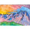 McKenzie Dale. Basin Mouintain. The image is a colorful painting of a mountain landscape, featuring a vibrant sunset in the background. The sun is positioned on the left side of the painting, casting a warm glow over the scene. The mountain range is the main focus of the painting, with its peaks and valleys depicted in various shades of purple, blue, and pink. The mountains are covered in snow, adding to the overall beauty of the scene.