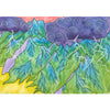 McKenzie Dale. Eastside Storm postcard. The image features a colorful painting of a mountain range in the Eastern Sierra with a cloudy sky above it by McKenzie Dale. The sky is filled with swirling clouds, giving the scene a dynamic and lively atmosphere. The mountains are depicted in various shades of blue, green, and purple, creating a vibrant and visually appealing landscape.