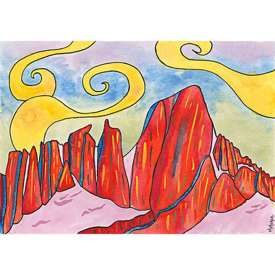 McKenzie Dale. Mount Whitney postcard. The image features Mt. Whitney, painted in striking shades of red, as the focal point. Surrounded by a vibrant sky filled with swirling clouds and a radiant yellow sun, the mountain stands tall and proud. Its bold red hue contrasts beautifully with the lighter hues of the sky, creating a visually stunning composition.