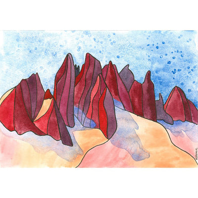 McKenzie Dale. Minarets notecard. This image showcases a stunning watercolor painting of snow-covered mountains in vibrant pink and purple hues against a clear blue sky. The artist's attention to detail creates an exquisite scene that exudes tranquility and captivates the viewer's imagination.
