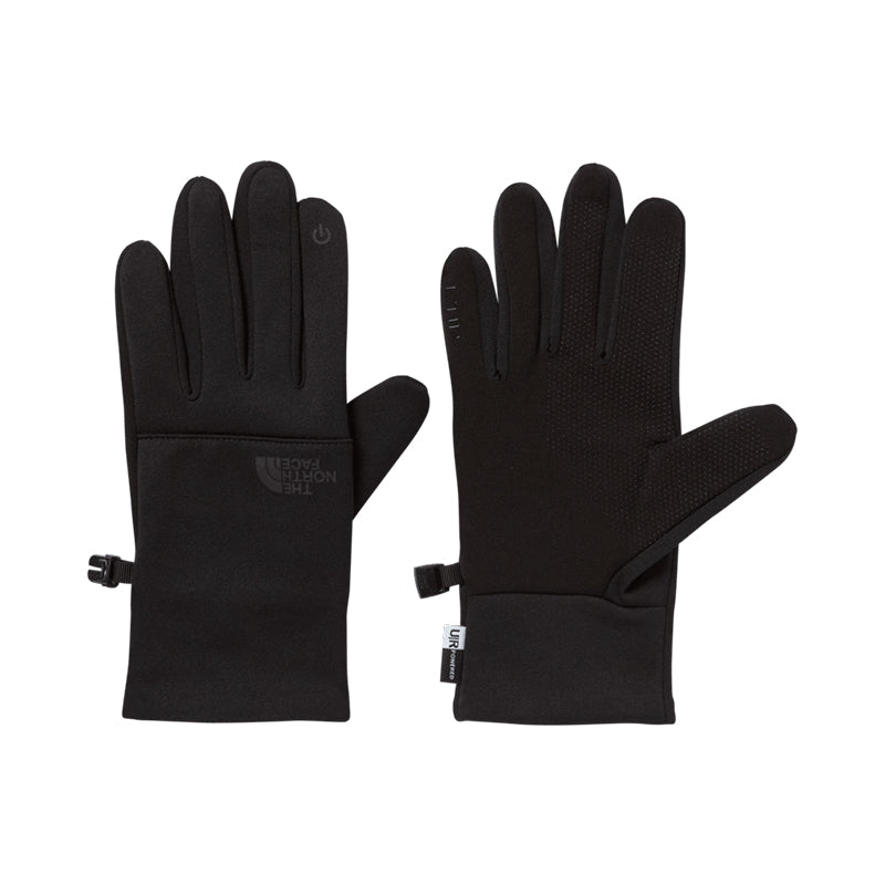 Black North Face Etip gloves, made from recycled materials, offer touch-screen compatibility for outdoor activities.