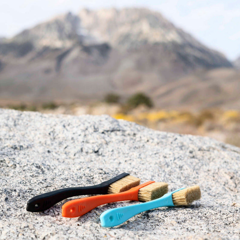 Black, orange, and blue brushes on a rock, highlighting the importance of boar's hair brushes for protecting soft climbing holds in the Tablelands.