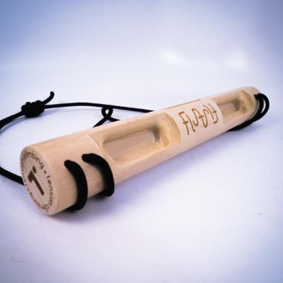 A portable wooden hangboard with black cord for hanging, on a white background.