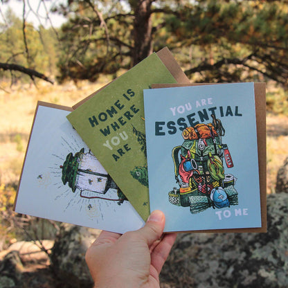 Three illustrated greeting cards held up by a person, featuring a bear and an owl in a forest setting.