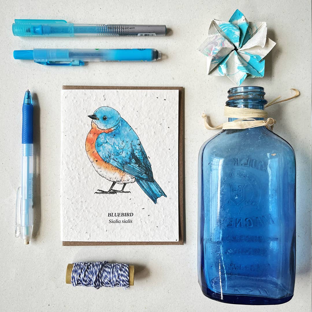 a plantable card depicting a bluebird surrounded by a blue jar and blue pens