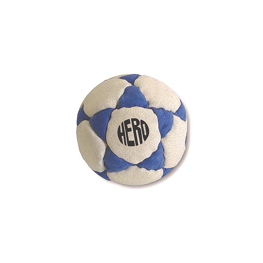 Blue and white footbag with the word "Hero" printed on it, designed for professional footbag play and tricks.