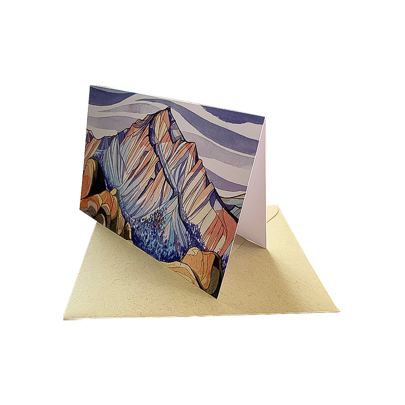 A 4" x 6" greeting card with a beautiful mountain illustration by Alex Bailey, celebrating the Eastern Sierra landscape.