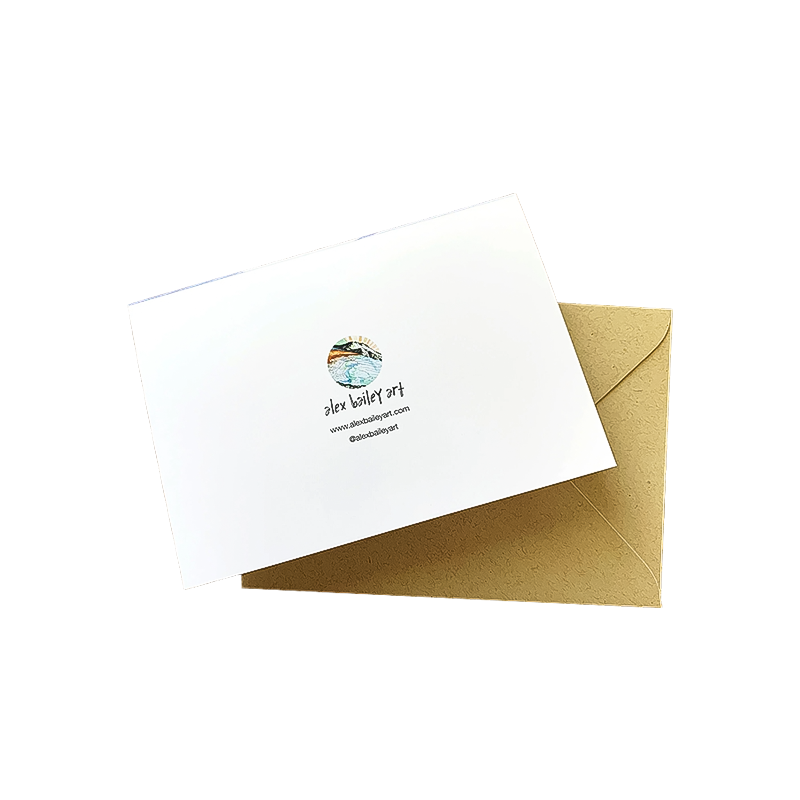 Back of a card showing a mountain scene of Mt. Whitney, created by Alex Bailey, perfect for sending greetings with a personal touch.