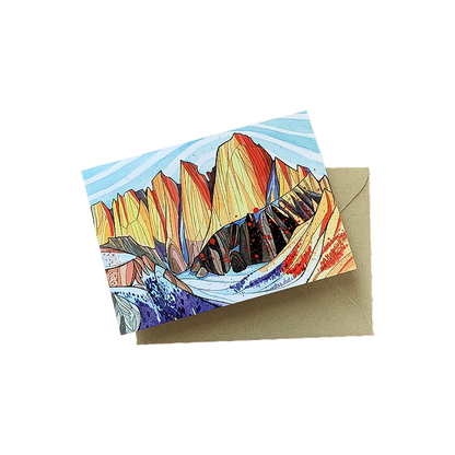Greeting card featuring a painted mountain scene of Mt. Whitney by artist Alex Bailey, with a blank interior for messages