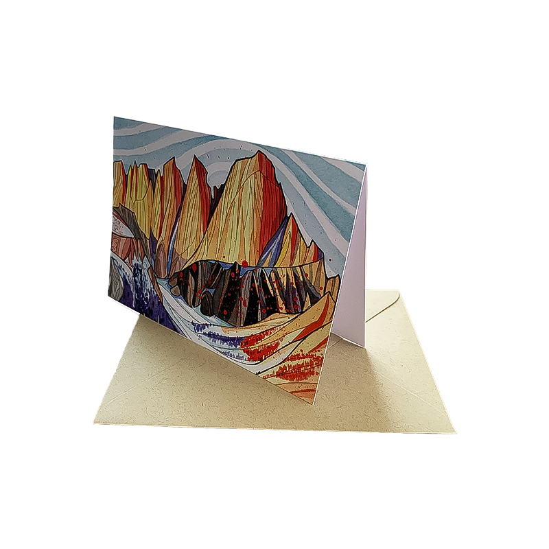 Illustrated greeting card showcasing Mt. Whitney, designed by Alex Bailey, with a blank interior for personal notes.