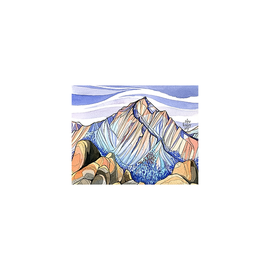 Alex Bailey's sticker of Lone Pine Peak, depicting a mountain and blue sky, measures 4" x 3.1" and is dishwasher safe.