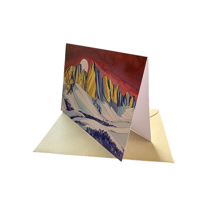 Greeting card featuring a mountain scene, illustrated by Alex Bailey, showcasing the Sierra Nevada's stunning vistas.