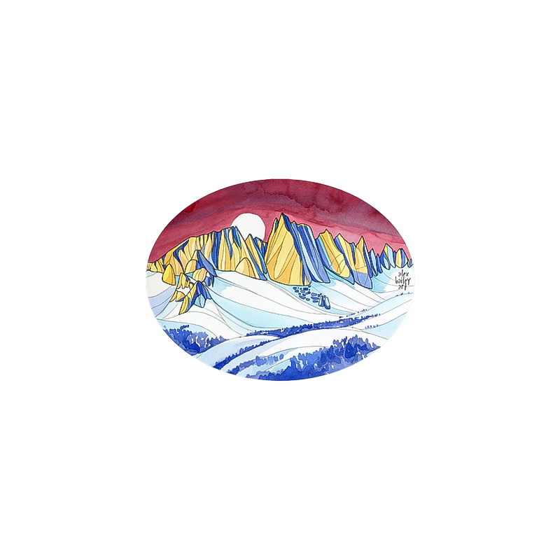 Artwork of mountains beneath a red sky, featured on a 4x3" oval sticker by Alex Bailey, made from durable vinyl.