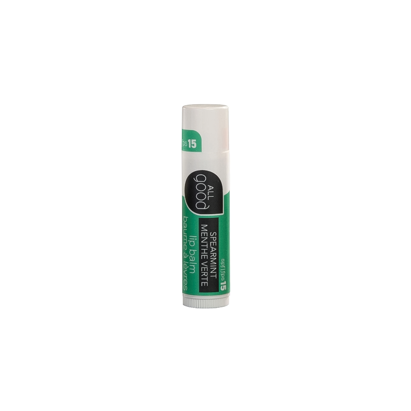 All Good Spearmint Lips SPF 15 Lip Balm providing eco-friendly sun protection and hydration for lips.  