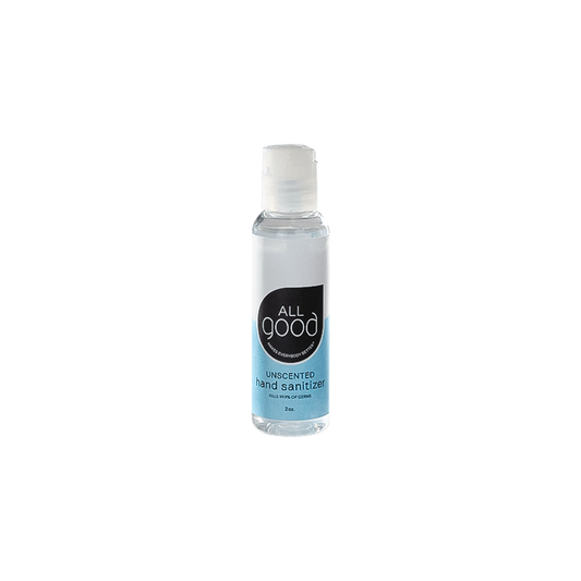 A 2 oz bottle of All Good Unscented Hand Sanitizer Gel on a white background, effective against 99.9% of germs.
