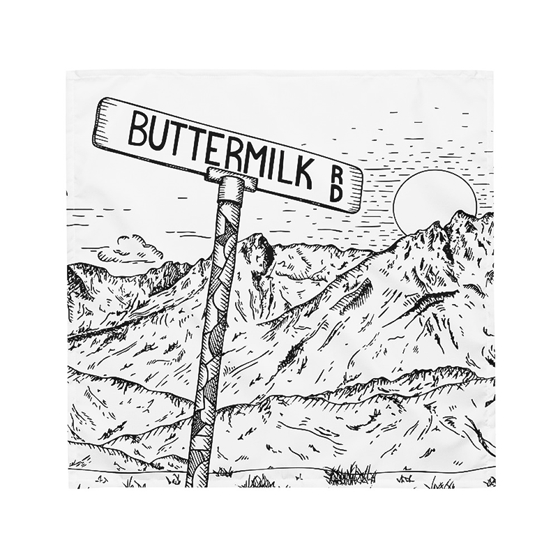 Buttermilk Road bandana with a mountain bandana design, eco-friendly and multifunctional for outdoor use.  