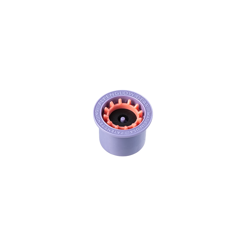 A purple threaded nut featuring an orange center, used in the Alpenflow Fuel Transfer Valve for safe fuel management in backpacking.