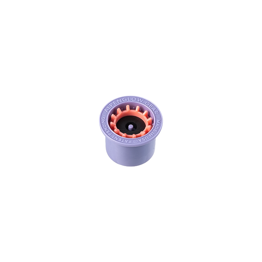 A purple threaded nut featuring an orange center, used in the Alpenflow Fuel Transfer Valve for safe fuel management in backpacking.