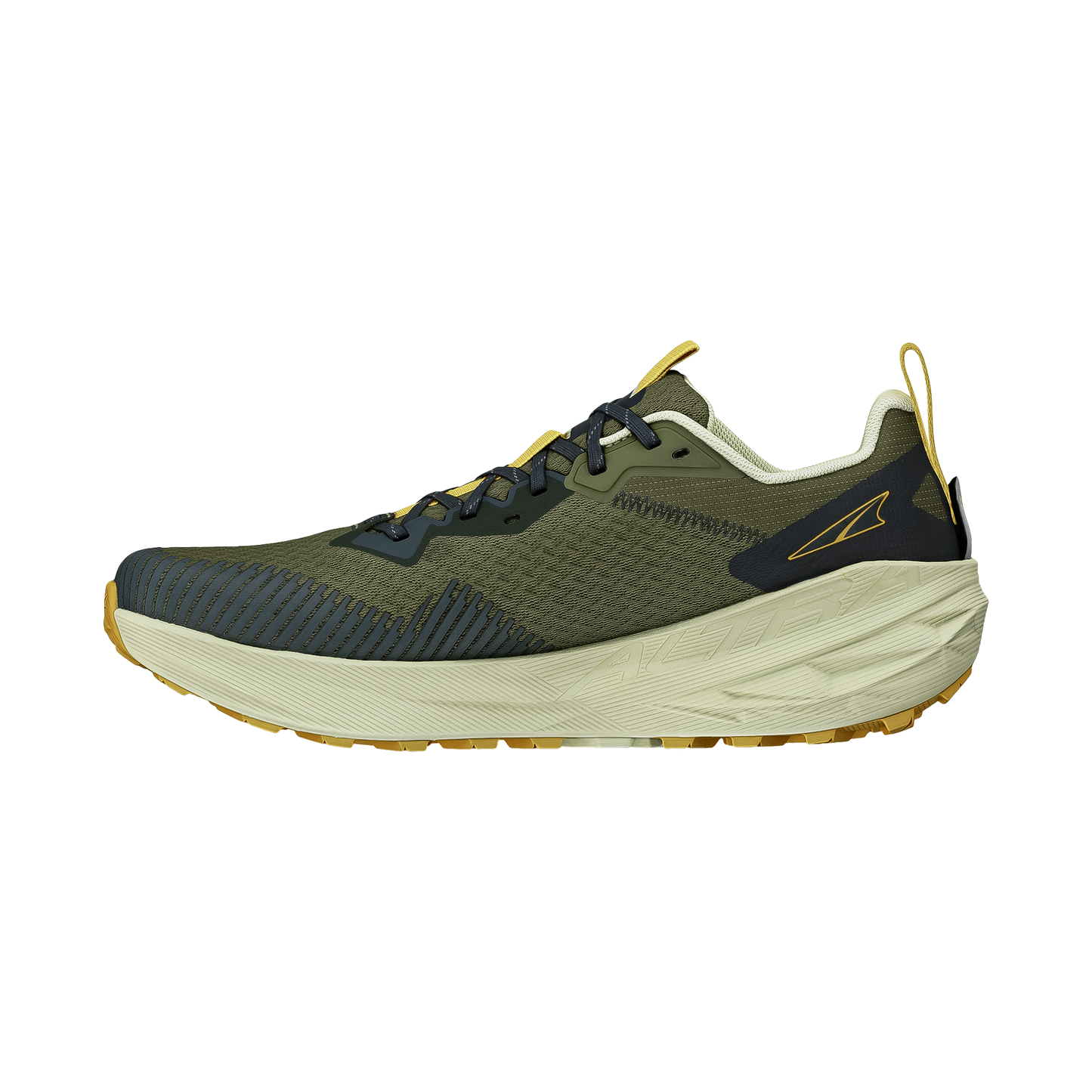 Olive green Altra Experience Wild 2 trail running shoe, featuring a 4 mm drop for a natural running experience on trails.