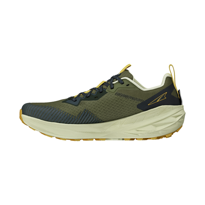 Olive green Altra Experience Wild 2 trail running shoe, featuring a 4 mm drop for a natural running experience on trails.