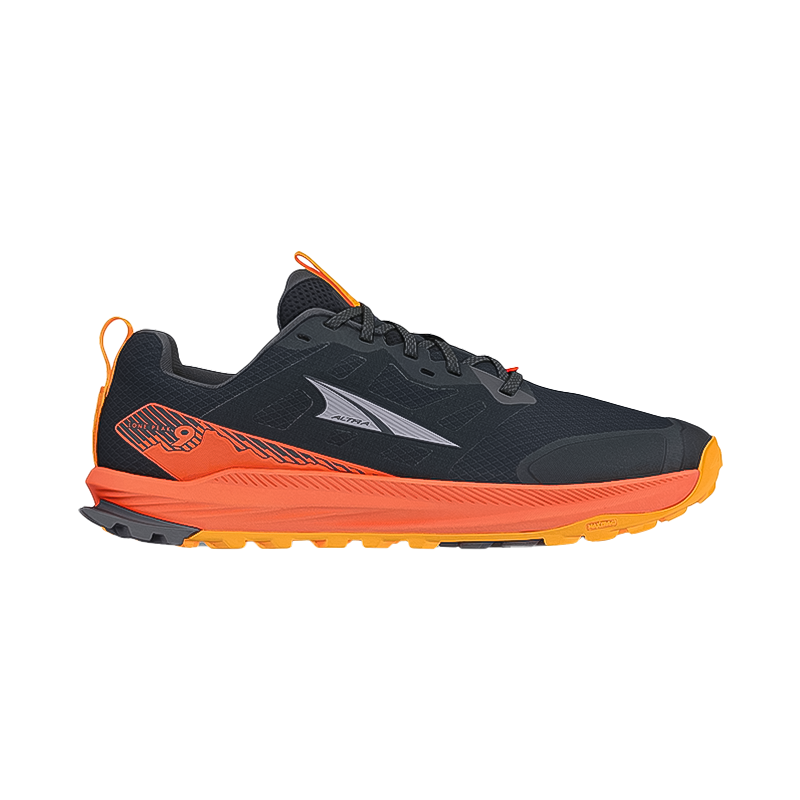 Altra Lone Peak 9 trail running shoes in black and orange with breathable upper, EGO midsole foam, and MaxTrac outsole for grip.