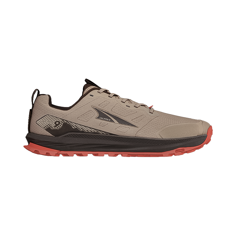 Brown Altra Lone Peak 9 trail running shoe with breathable upper, EGO midsole foam, and MaxTrac outsole for grip.