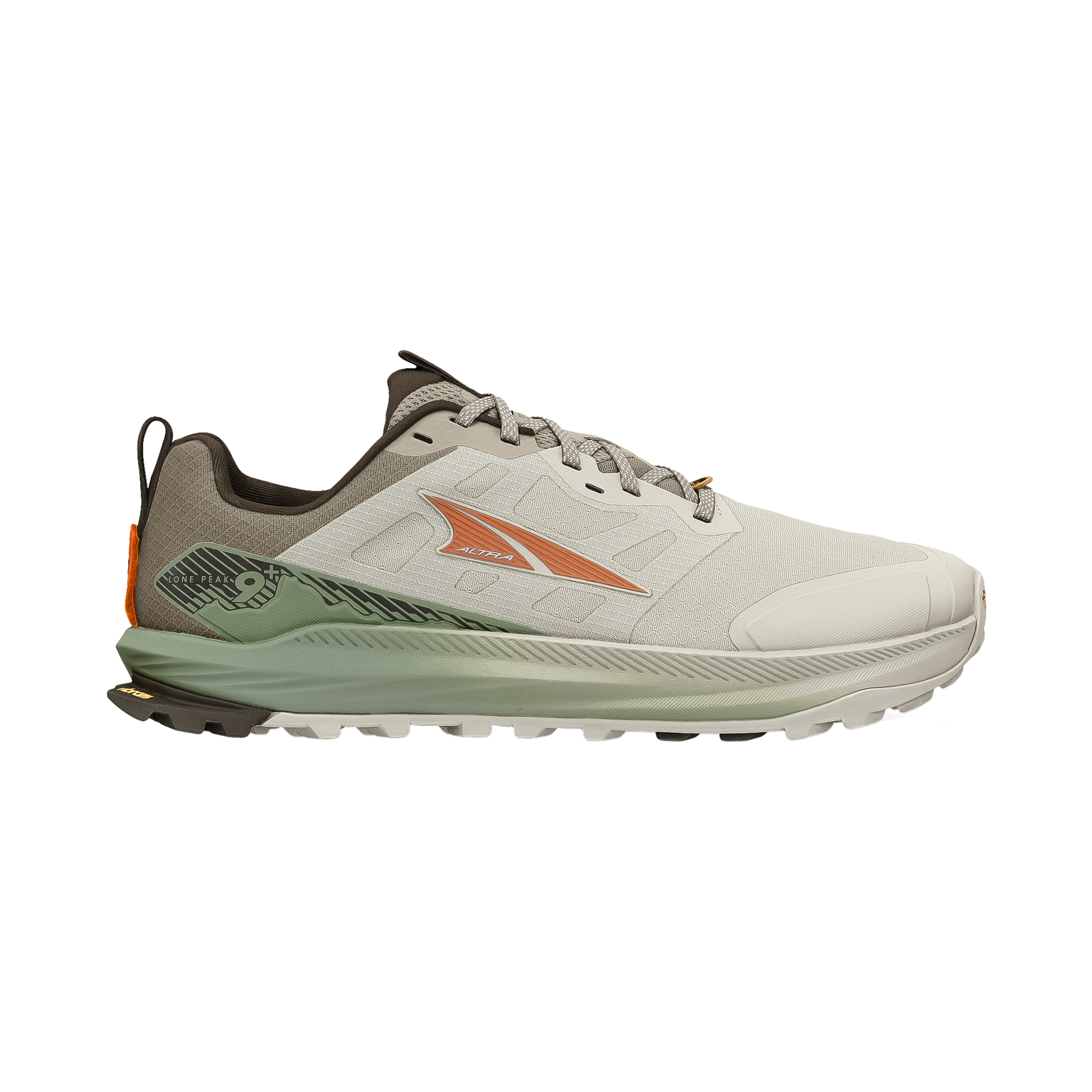 Beige and green Altra men's Lone Peak 9+ trail running shoe, featuring a roomy toe box and Vibram outsole for grip on rugged terrain.